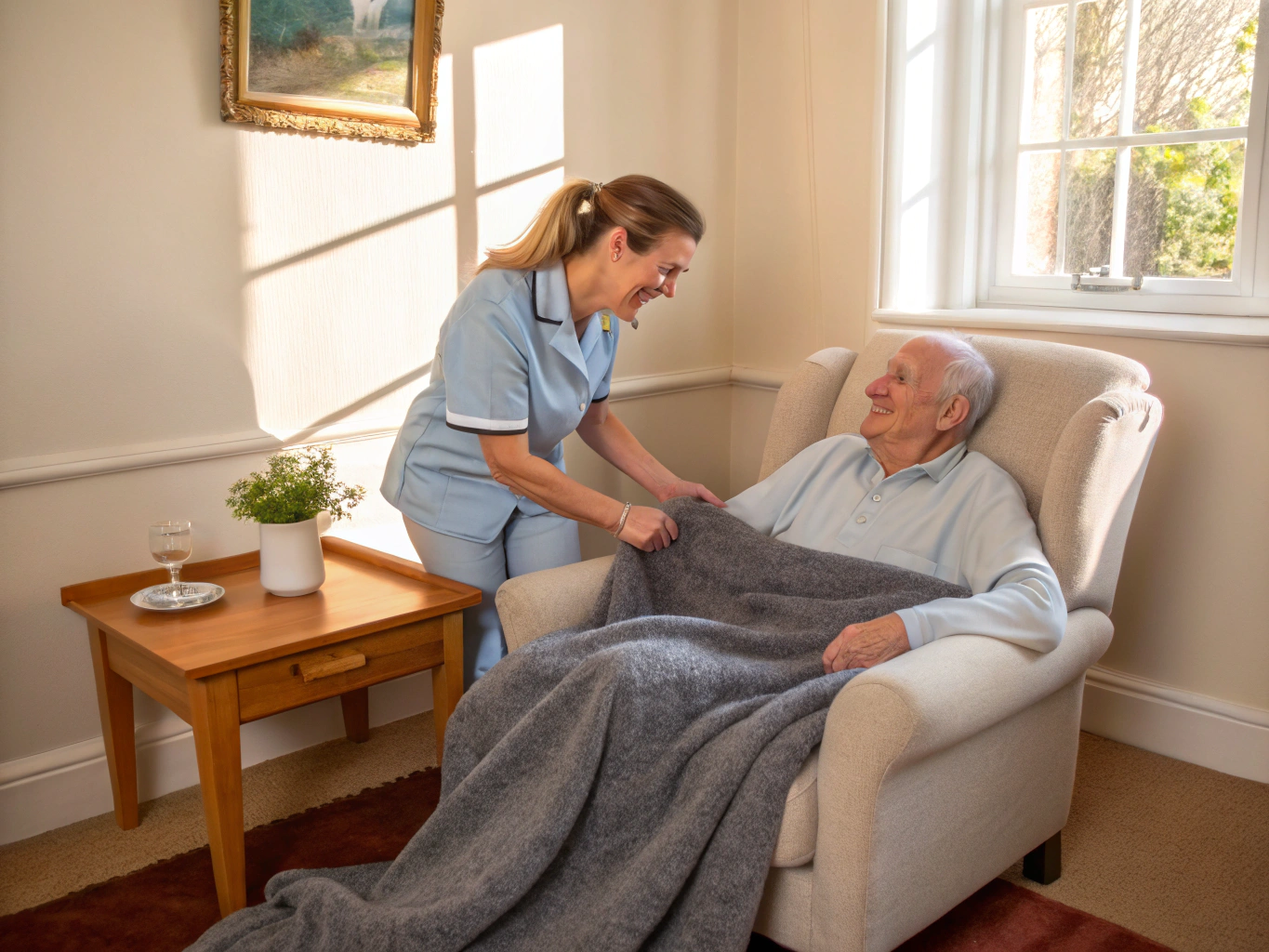 מטפל ישראלי מעניק טיפול מסור לקשיש בסביבה ביתית חמה